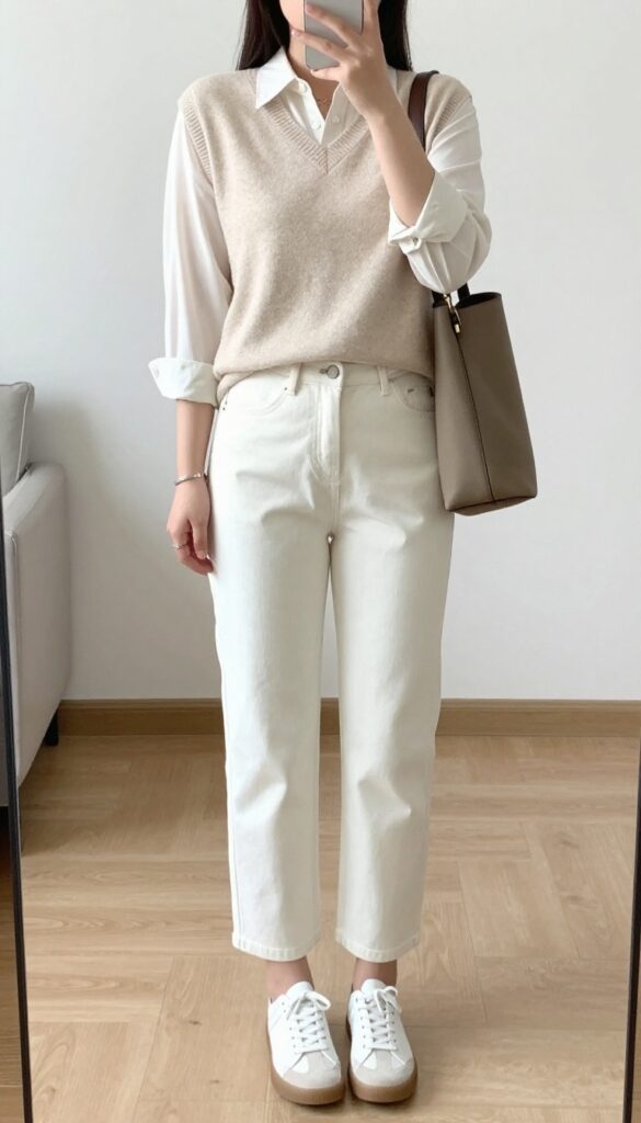 A woman wearing white straight-leg pants, a tucked button-down shirt, and a sweater vest, with leather oxfords and a crossbody bag, in a relaxed business casual outfit.