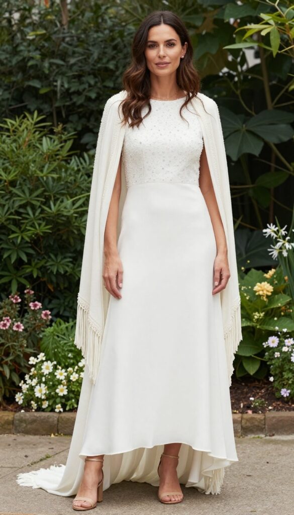 A young woman in a white crystal boho wedding dress with a fringed ivory cape, standing in a sunny garden, full-body shot, natural lighting.