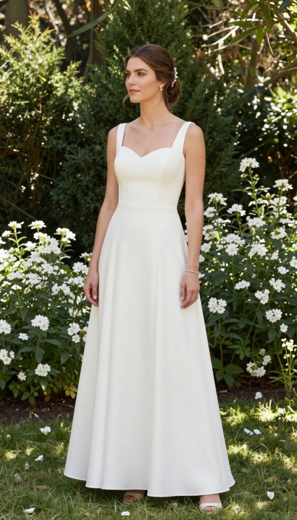 Bride in pearl A-line wedding dress with rhinestone hair vine in garden