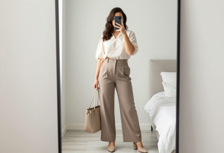 Woman taking mirror selfie in puff sleeve blouse and wide leg trousers for girly business casual outfit idea