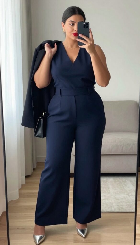 Plus-size woman in a navy wide-leg jumpsuit with gold earrings and silver heels, taking a mirror selfie in a bright room.