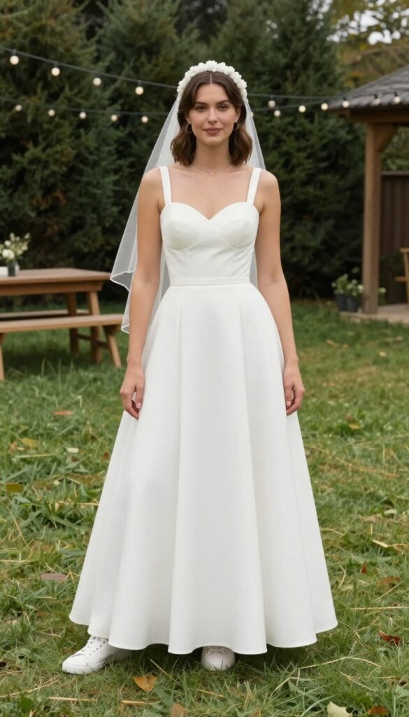 Bride in puffy white wedding dress with white sneakers at outdoor wedding