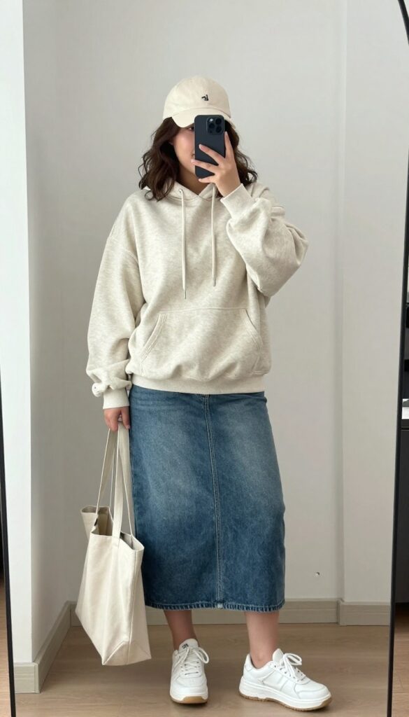 Plus-size woman in oversized hoodie and denim midi skirt, sneakers, taking a mirror selfie, casual outfit.