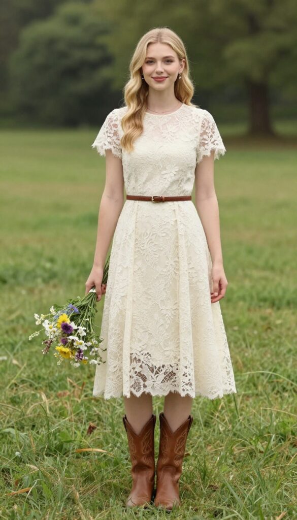 Woman in lace A-line dress with cowboy boots in field
