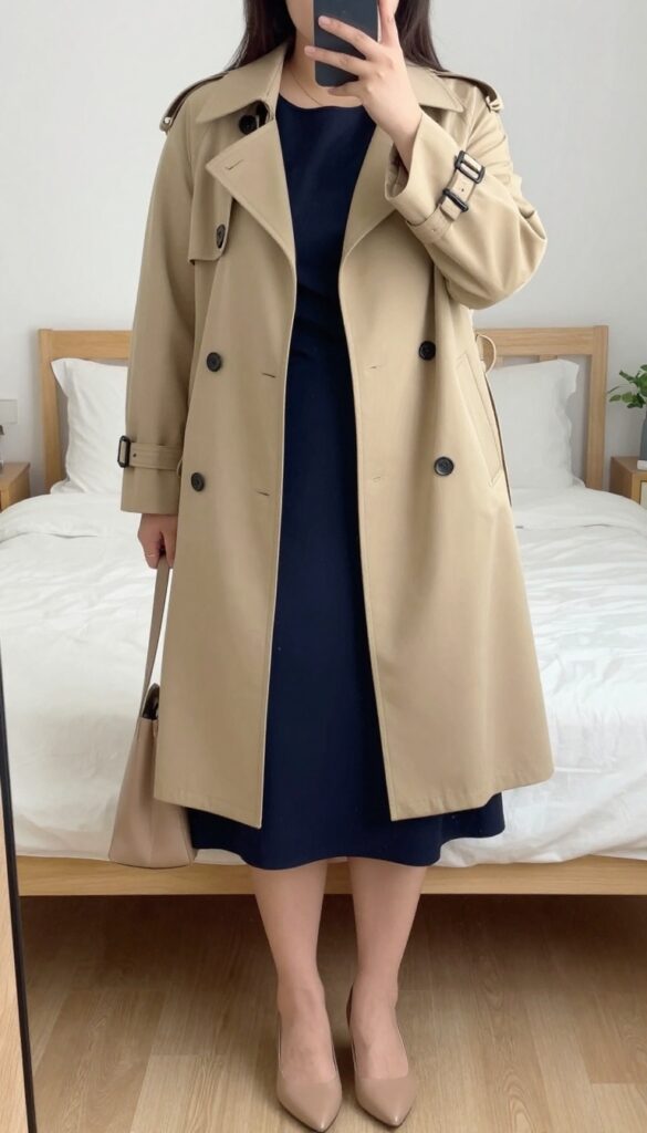 Beige trench coat layered over navy dress with nude pumps and structured tote