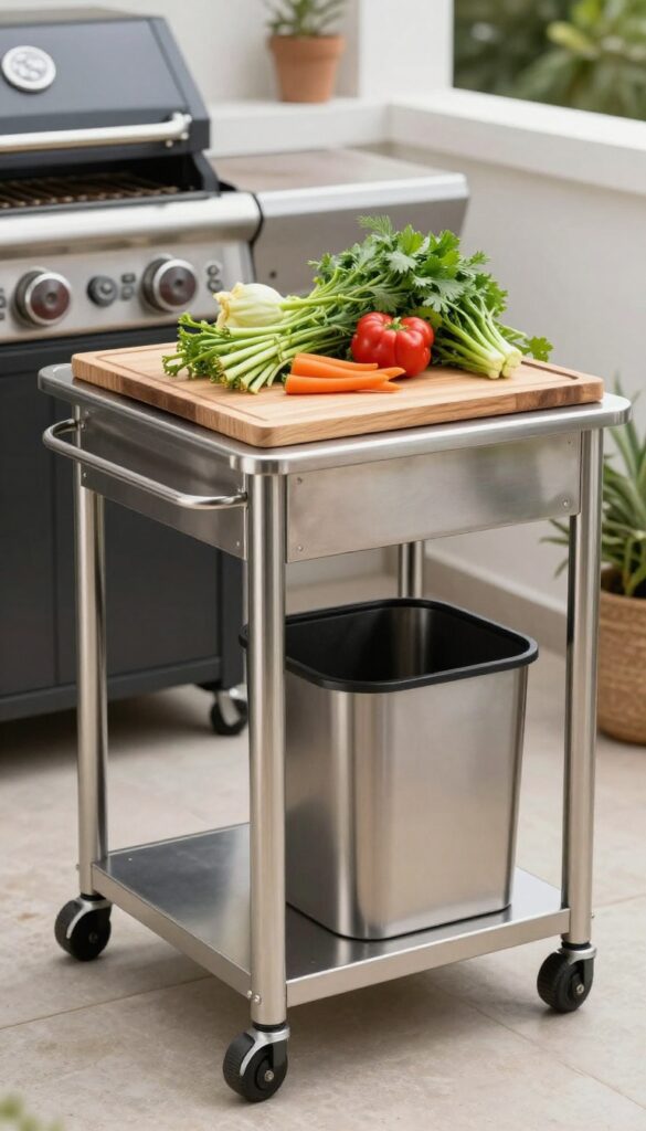 Portable cart with cutting board and trash bin on a small patio