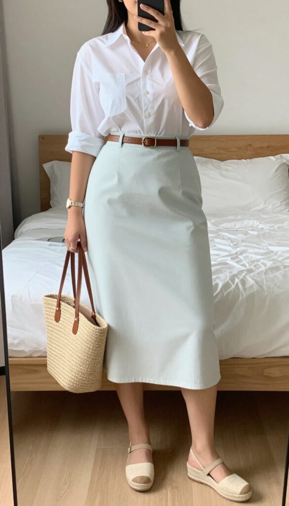 A woman in a tucked-in white cotton poplin shirt and an A-line midi skirt, standing in an office setting with espadrille wedges and a straw bag.