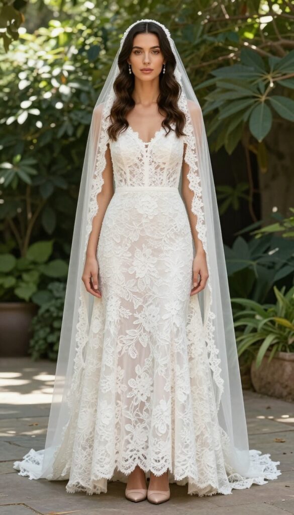 Adult woman in boho lace wedding dress with flowing cathedral veil in sunlit garden