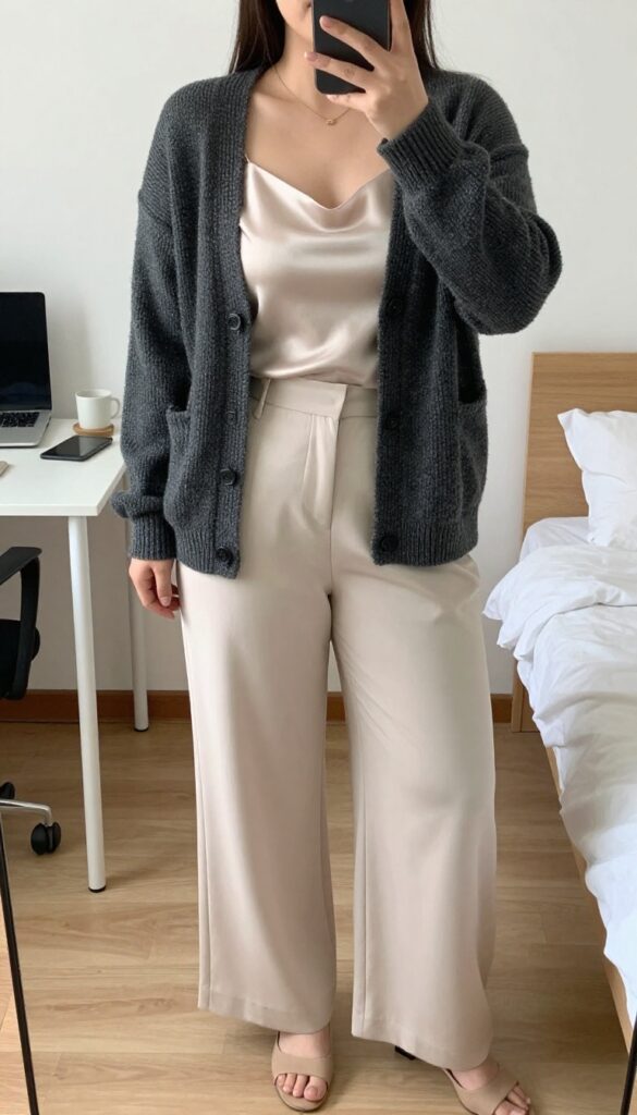 A woman in a knit blazer, silk camisole, and wide-leg trousers with heeled mules, posing in a mirror selfie in a bedroom.