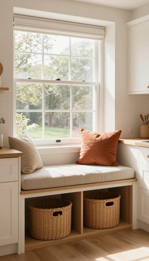 A cozy kitchen window seat with storage below, featuring a beige cushion, terracotta and ochre pillows, and woven baskets, in a bright, airy kitchen with warm earthy tones.