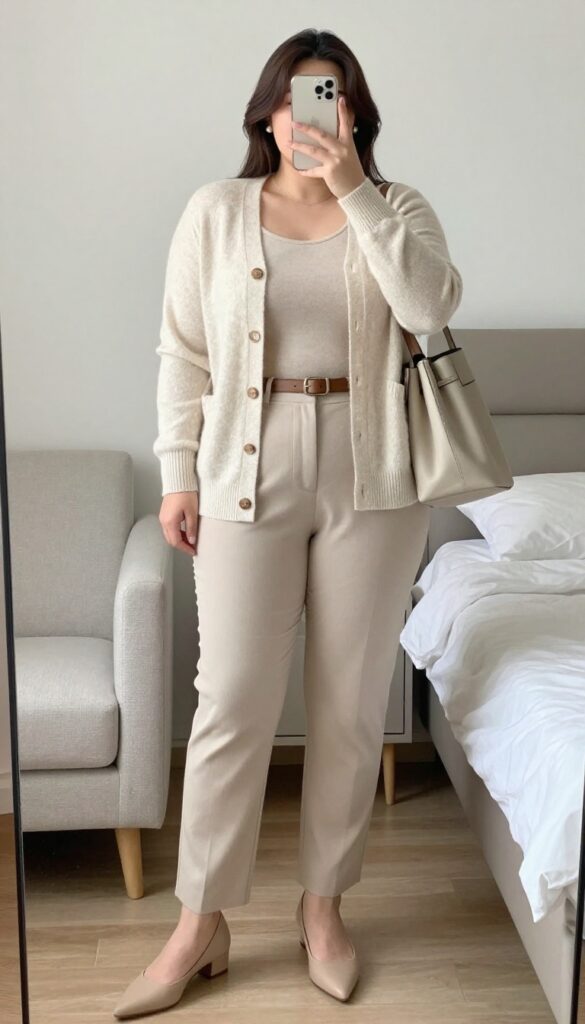 Woman in cashmere twin set and tailored trousers, standing in a bright office, holding a structured tote.