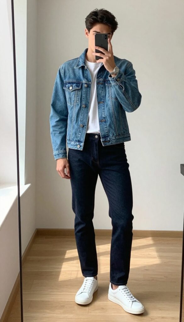 Man in light denim jacket and dark jeans taking a mirror selfie, white sneakers, natural light, street style outfit.