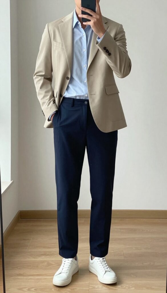 A man in a mirror selfie wearing a smart casual outfit with white sneakers, navy chinos, a light blue button-down shirt, and a beige blazer, in a bright minimalistic room.