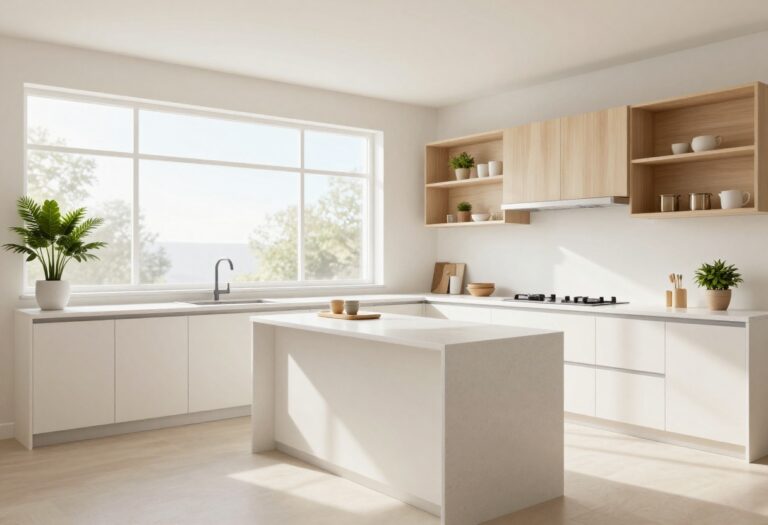 Elegant light and airy Minecraft kitchen with white quartz countertops and large windows