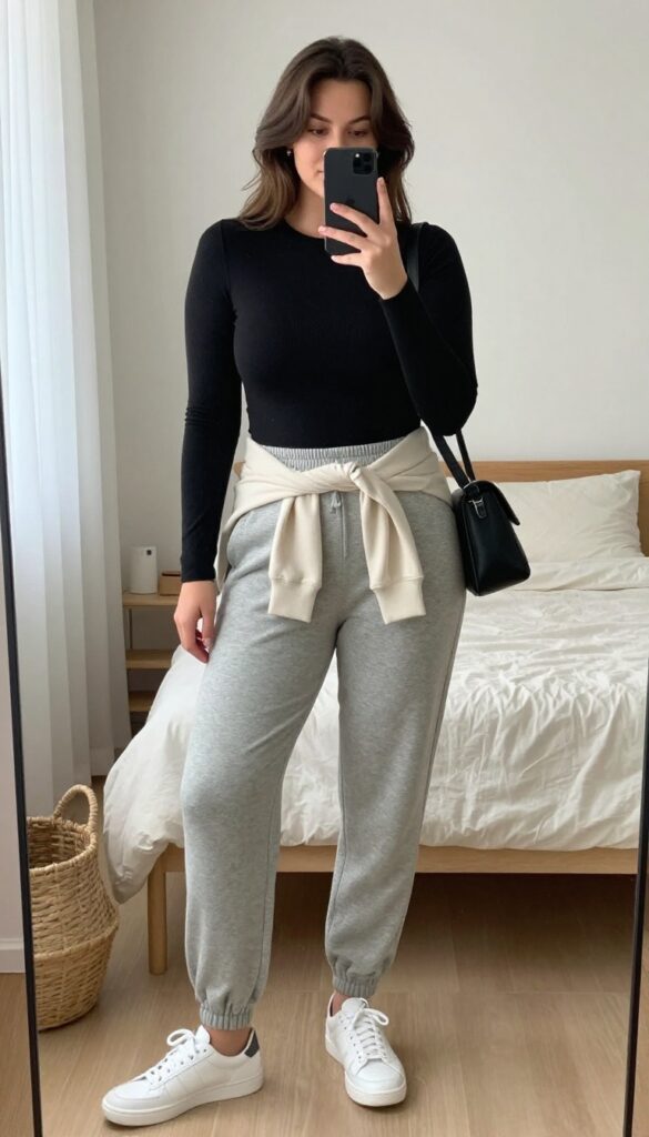 Plus-size woman in a mirror selfie wearing grey joggers and a black fitted tee, with a hoodie tied at the waist and a crossbody bag, in a bright bedroom.