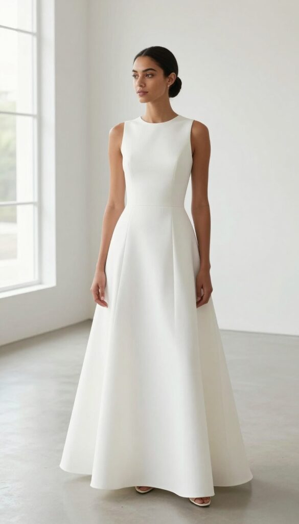 Modern minimalist ballgown with clean lines in a bright art gallery