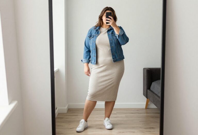 Plus-size woman in a knit midi dress and denim jacket taking a mirror selfie in a bedroom