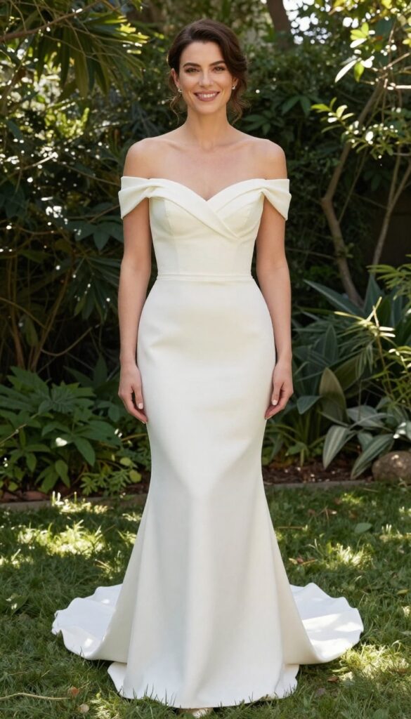 Curvy bride in off-the-shoulder ivory crepe trumpet wedding gown with subtle thigh flare, soft updo, minimal jewelry, standing in sunlit garden