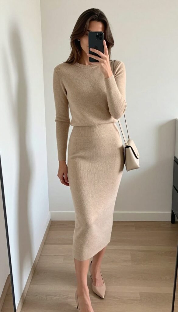 A woman in a matching camel knit skirt set takes a mirror selfie, showcasing a coordinated business casual outfit with nude pumps and a crossbody bag.