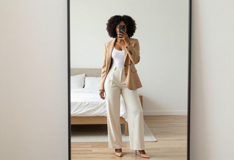 Black woman in camel blazer and white bodysuit taking mirror selfie in bedroom for business casual outfit inspiration.
