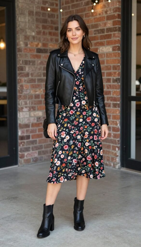 Woman in floral midi dress with black leather moto jacket and chunky ankle boots at industrial-chic venue
