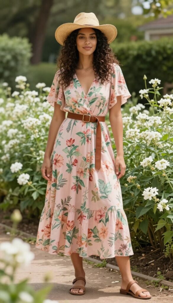 Woman in floral maxi dress with leather belt and cowboy hat at garden wedding