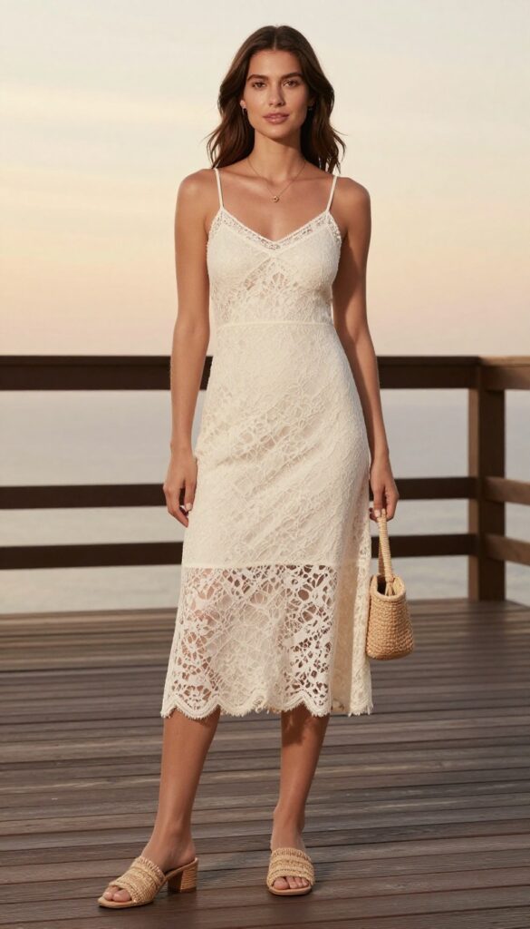 Woman in her 30s with warm blonde hair, wearing an ivory lace slip dress, woven tan heels, and raffia bag, standing on a wooden deck at sunset.