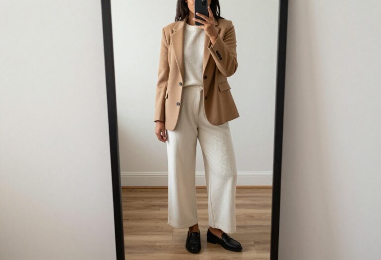 Woman in camel blazer and cream knit taking a mirror selfie, showcasing baddie business casual outfit.