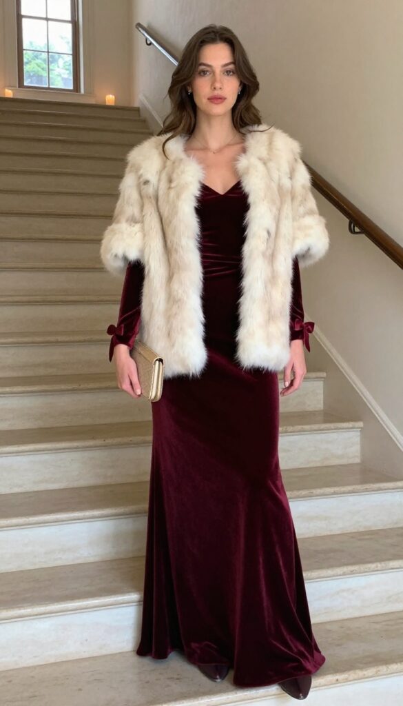 Woman in burgundy velvet gown with bow cuffs and fur stole at elegant indoor venue