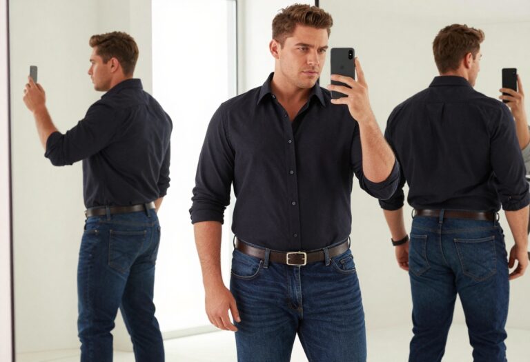 Plus-size man in dark structured button-up shirt and slim dark jeans taking a mirror selfie, sharp casual outfit, realistic fashion blog style.