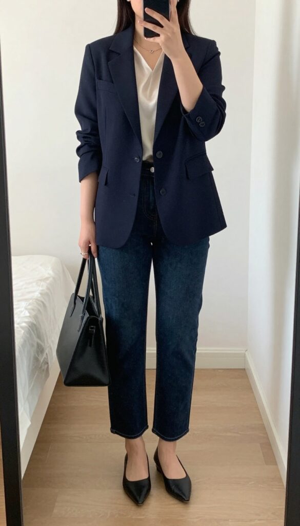 Woman in navy blazer, silk shell, dark jeans, and pointed flats