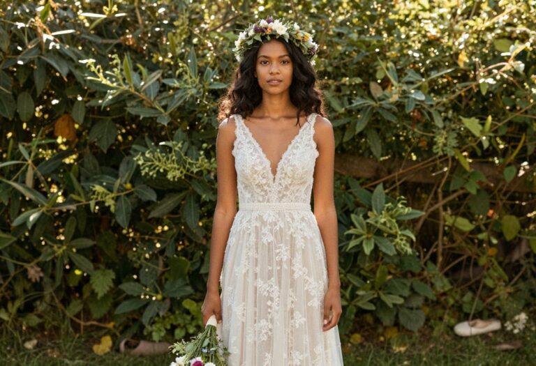 Woman in lace wedding dress with straps and floral crown in garden