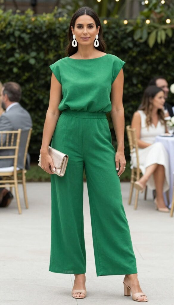 Woman in green boatneck jumpsuit with statement earrings at wedding reception