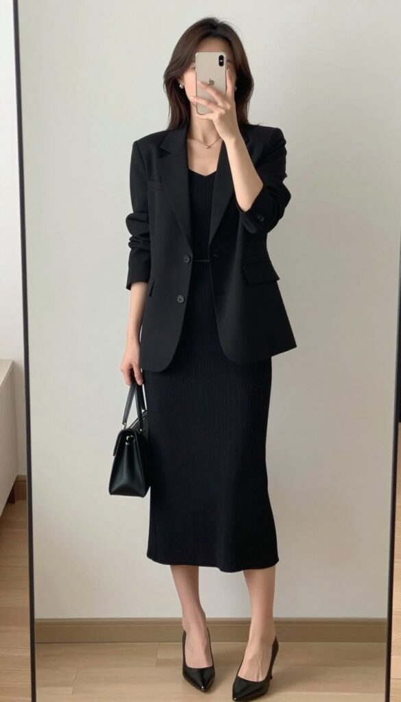 Woman in black midi dress and structured black blazer taking a mirror selfie, business casual outfit.