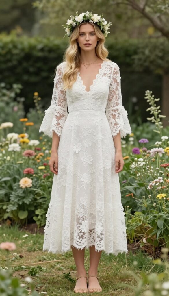 Bohemian lace bell sleeve wedding dress with floral appliqués in a garden