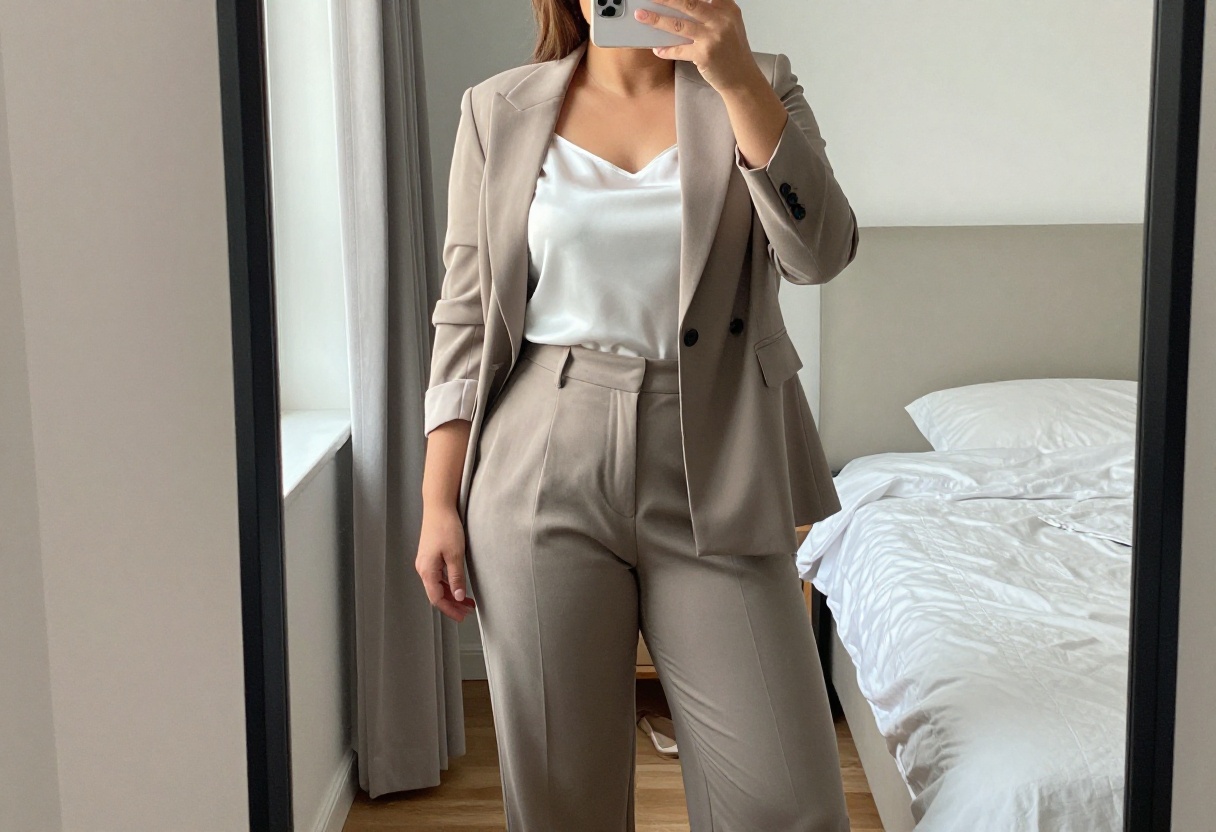 Plus size woman in business casual outfit taking a mirror selfie in bedroom