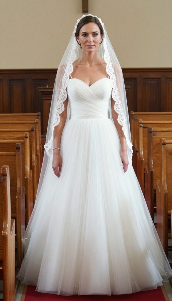 Woman in white ballgown with mantilla veil in church