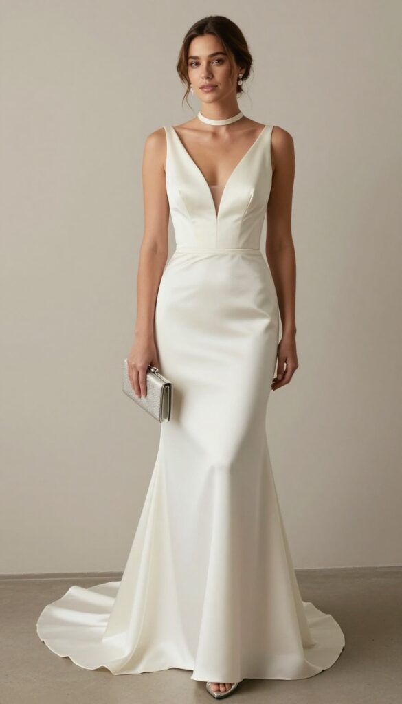 Woman in satin fit-and-flare wedding dress with deep V-neck, standing in ballroom with chandeliers