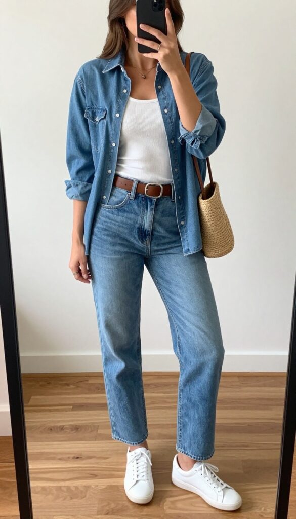 Woman taking a mirror selfie wearing medium blue jeans, light denim shirt over white tank, white sneakers, and straw bag, showing denim-on-denim summer outfit