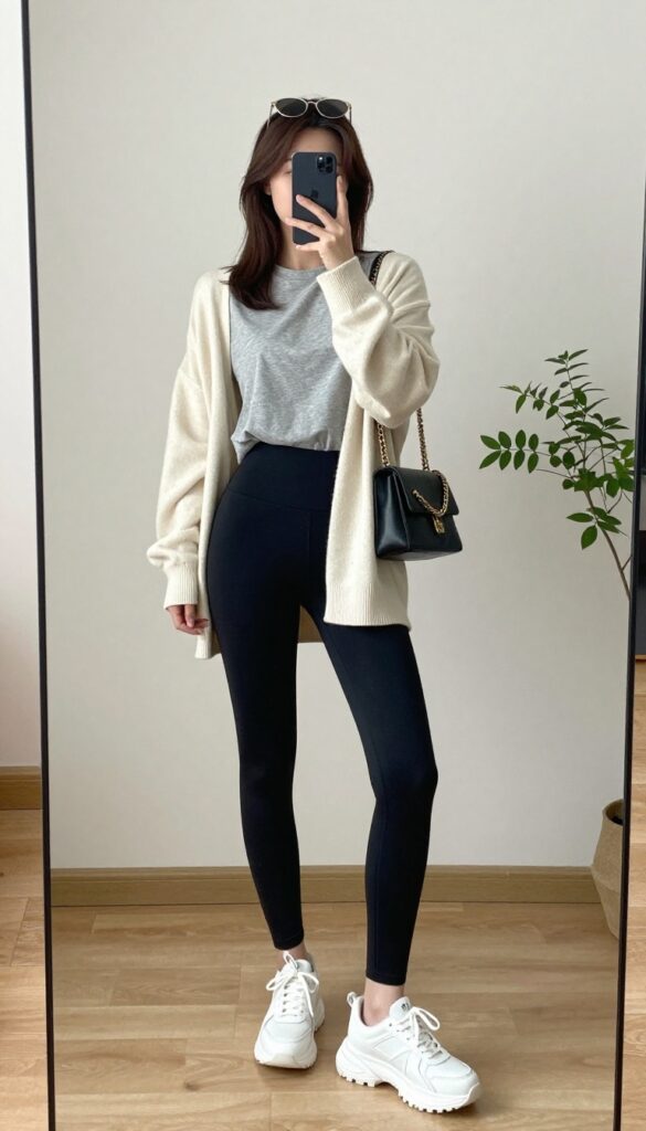 Young mom in high-waisted black leggings and longline gray tee, with chunky sneakers and crossbody bag, taking a mirror selfie in a bright living room.