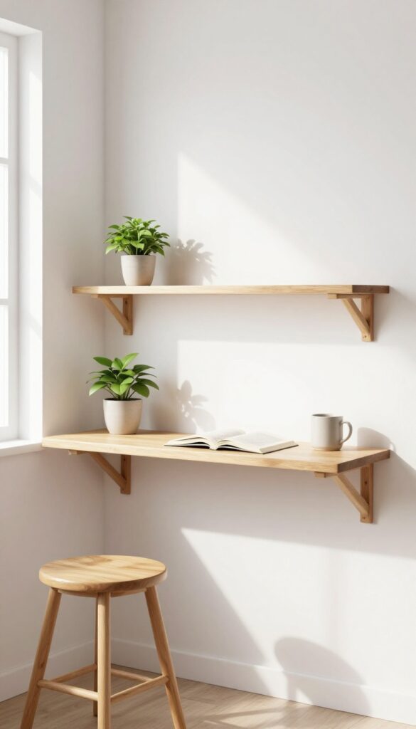 Floating shelf desk in a bright kitchen with a stool tucked underneath, styled with a plant and cookbook.