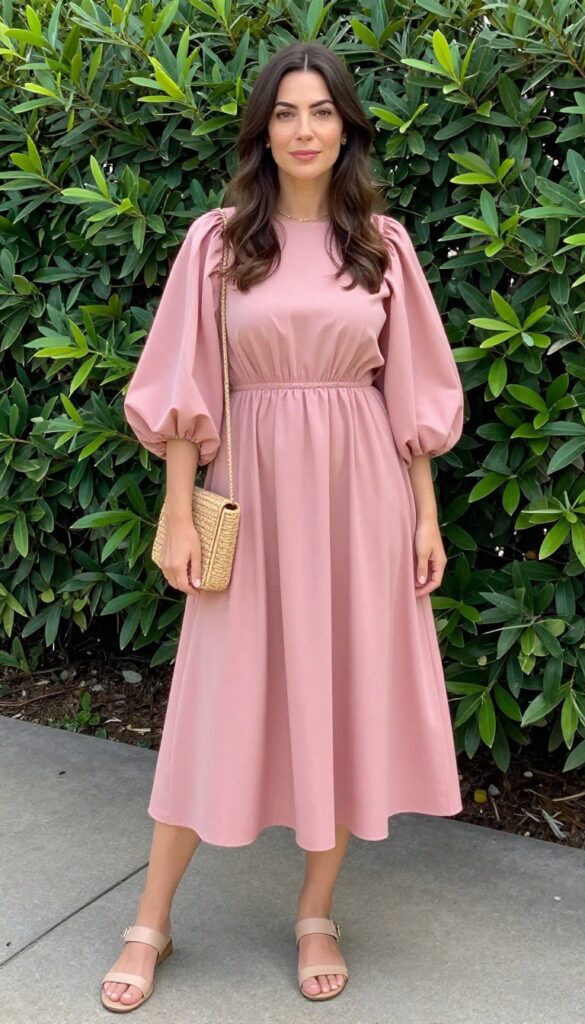 Woman in pink jersey dress with peach dolman sleeves, nude sandals, and woven bag in garden