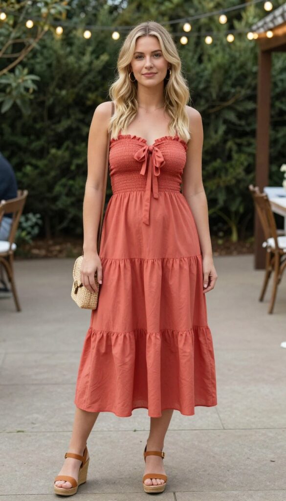 Woman in coral smocked tiered dress with bow neckline, tan wedge sandals, woven crossbody bag, and gold hoop earrings at outdoor garden wedding
