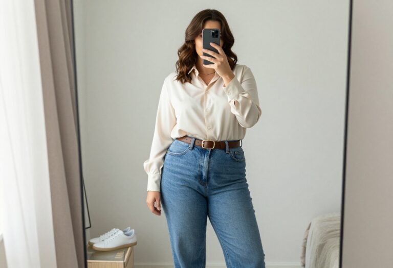 Plus-size woman in high-waisted straight-leg jeans and tucked-in cream blouse, taking a mirror selfie in a bright bedroom.