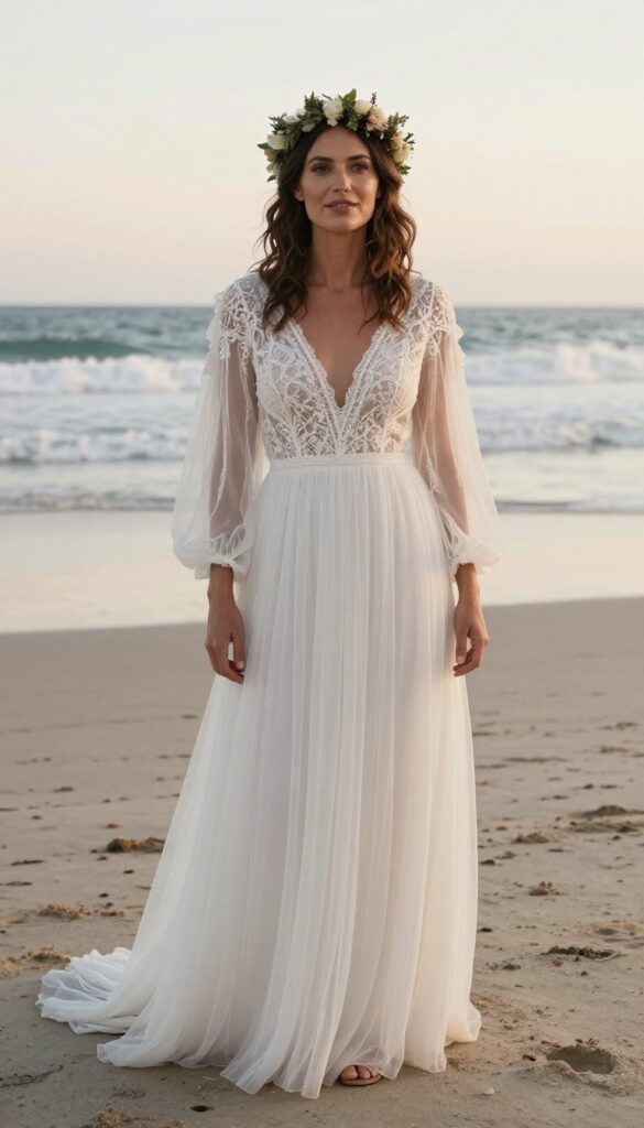 Woman in boho wedding dress with bishop sleeves and lace bodice on beach at sunset