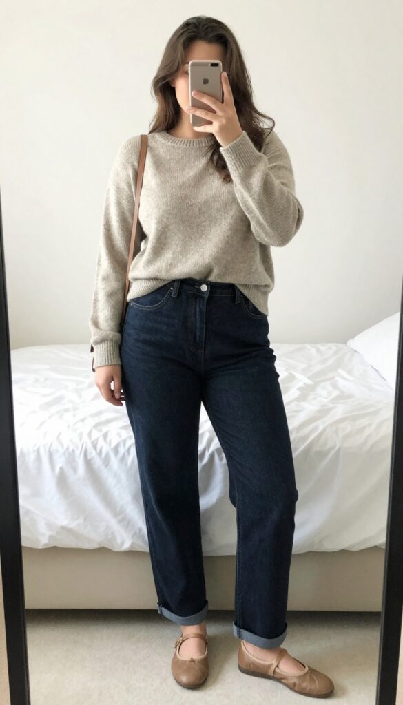 Woman in soft knit sweater and wide-leg jeans, leather sneakers, crossbody bag, casual office look.