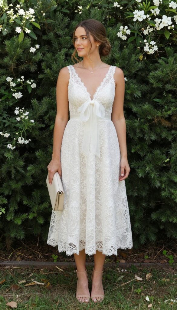 Woman in blush lace dress with sheer bow overlay, nude heels, and cream clutch in sunlit garden