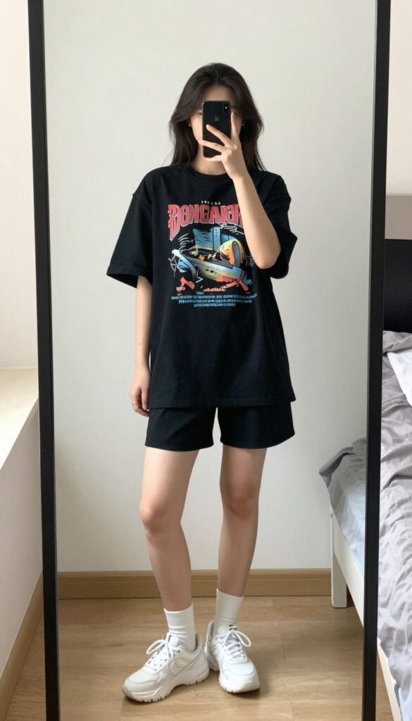 Teen girl in oversized graphic tee and black biker shorts, chunky sneakers, crew socks, taking a mirror selfie in a bright bedroom.