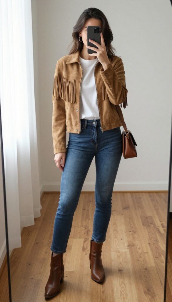 Woman in skinny jeans and tan fringe jacket taking a mirror selfie, showing casual Western outfit with boots and minimal accessories.