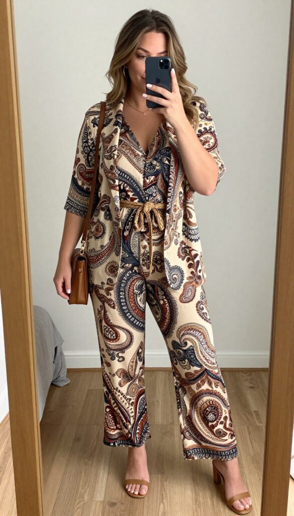 A woman in a printed jumpsuit with a woven belt and blazer, accessorized with hoop earrings and crossbody bag, wearing heeled sandals, in a coffee shop setting.